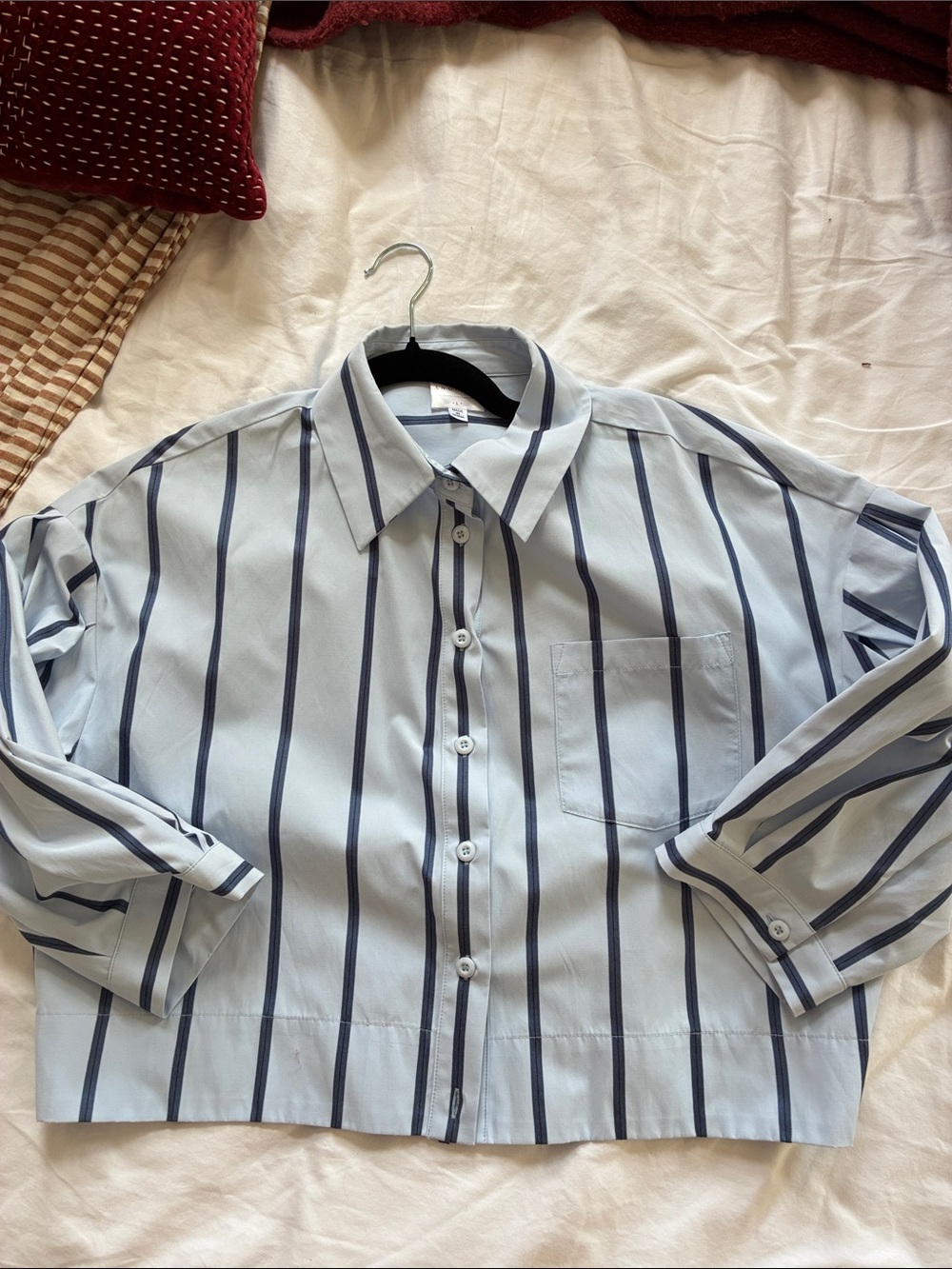 Anonyme Light Blue Vertical Stripe Button-Up Crop Shirt